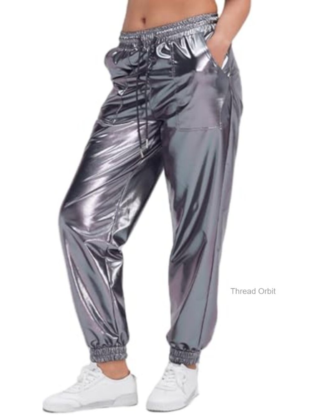 Shiny Metallic Wet Look Holographic Jogger Pants with Pockets